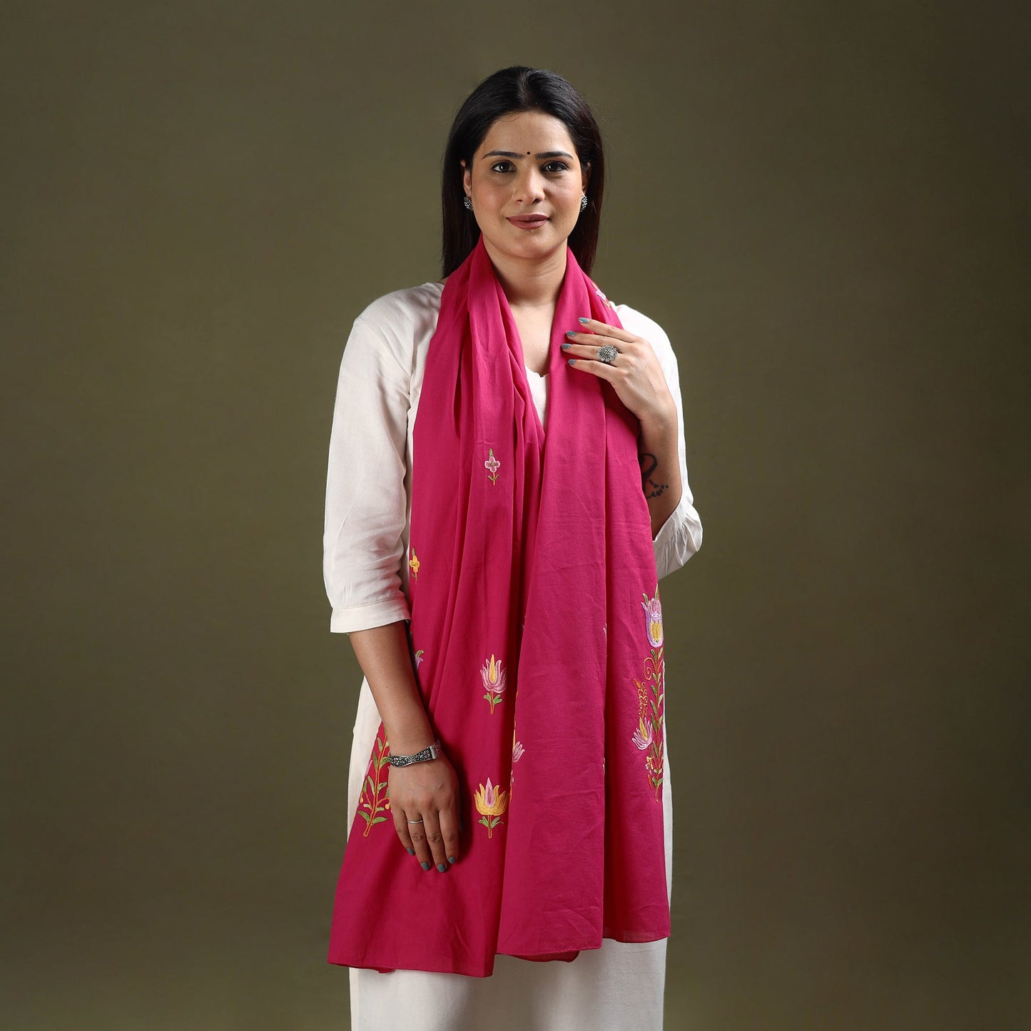 Pink Cotton Kashida Embroidery Stole