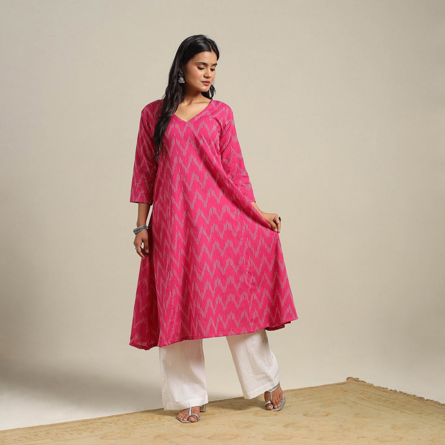 Pink Cotton A-Line Pochampally Ikat Kurta