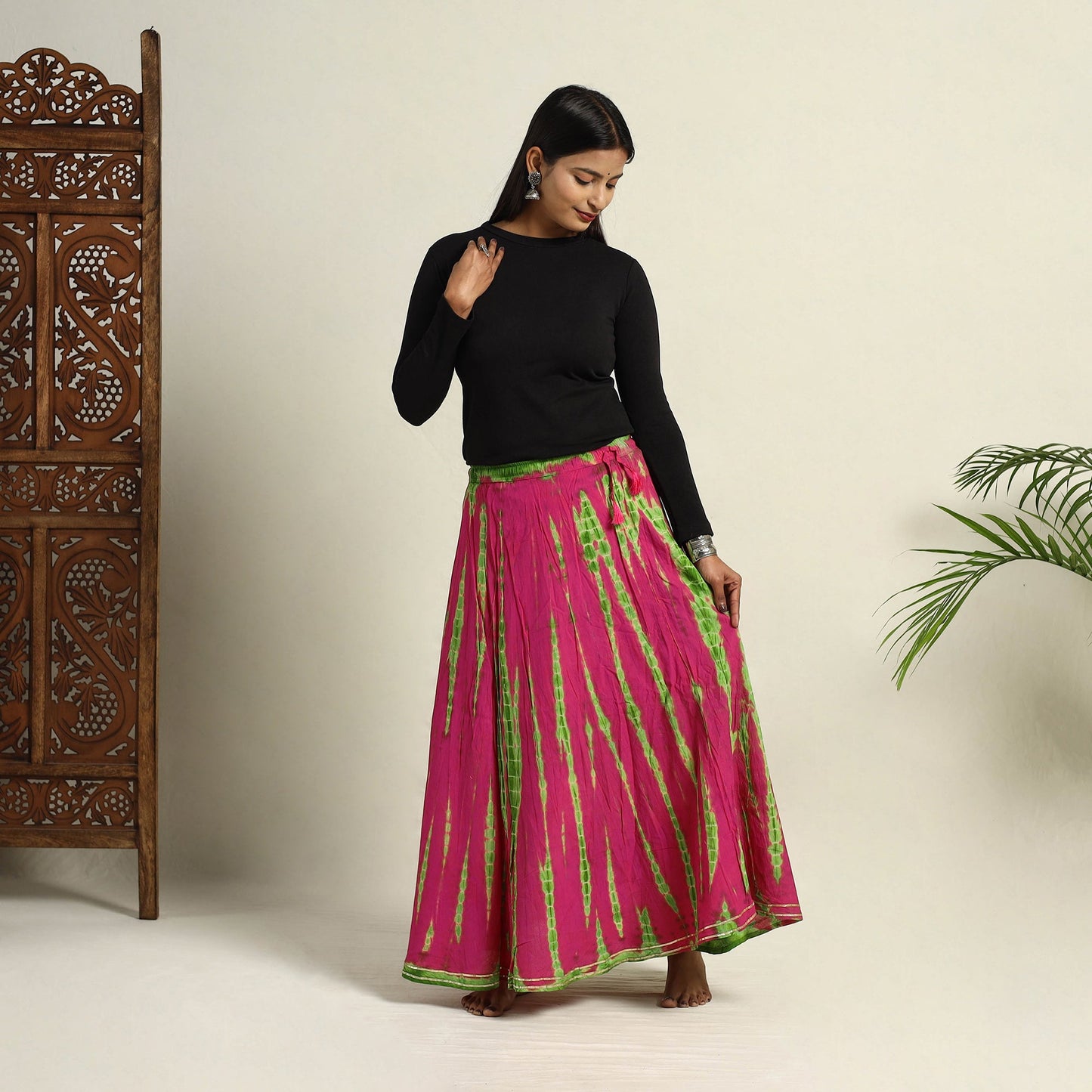 Pink Cotton Long Shibori Tie-Dye Skirt