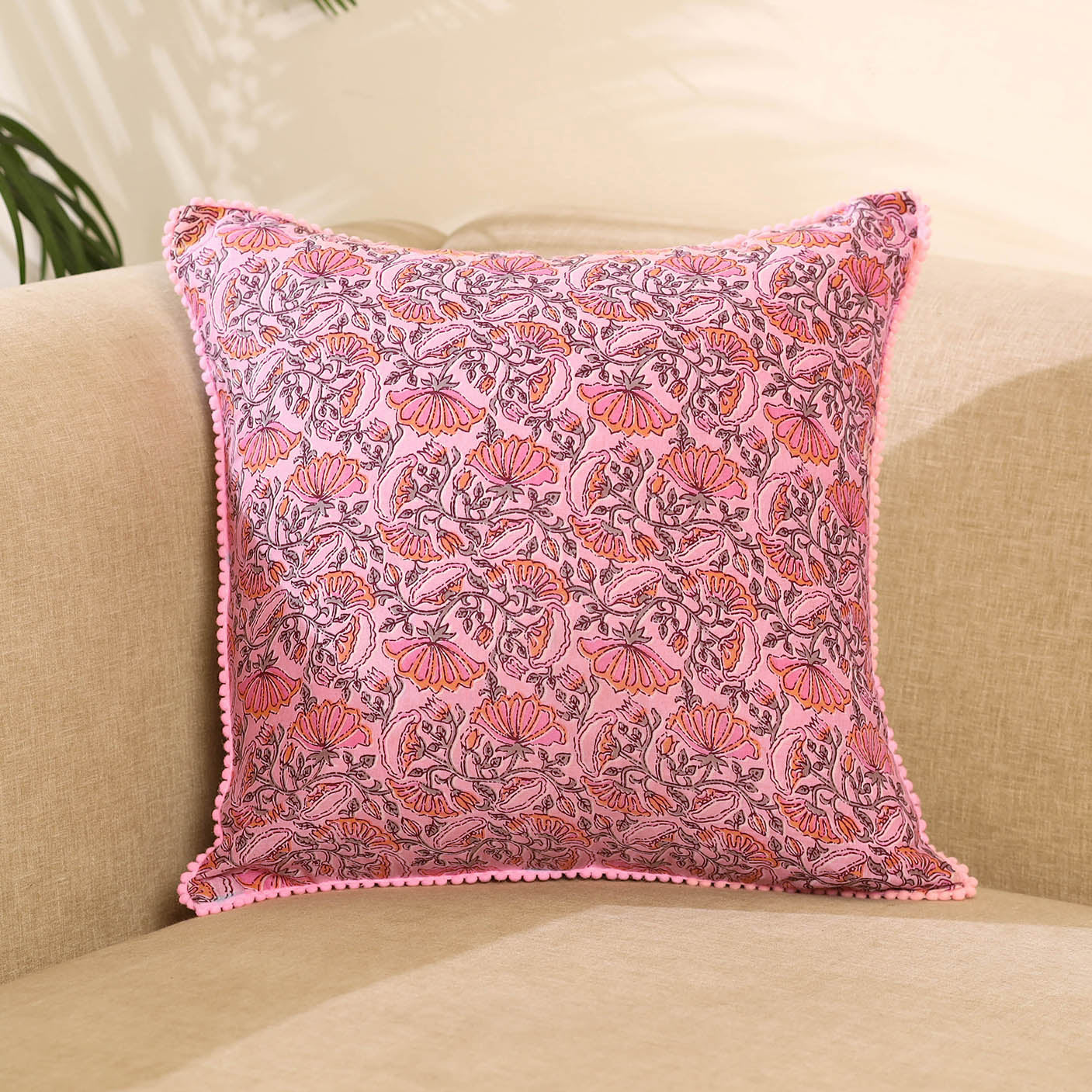 Pink Block Print Cotton Sanganeri Cushion Cover