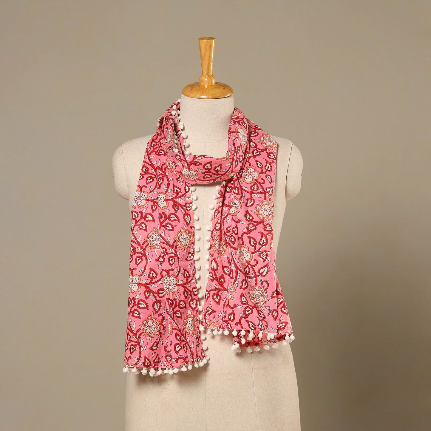 Pink - cotton sanganeri stole with pom 09 - handcrafted