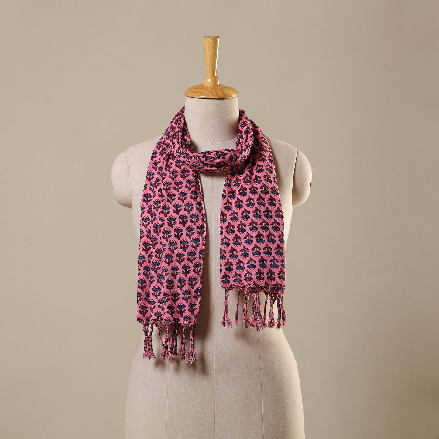 Pink Block Print Cotton Sanganeri Stole with Tassels