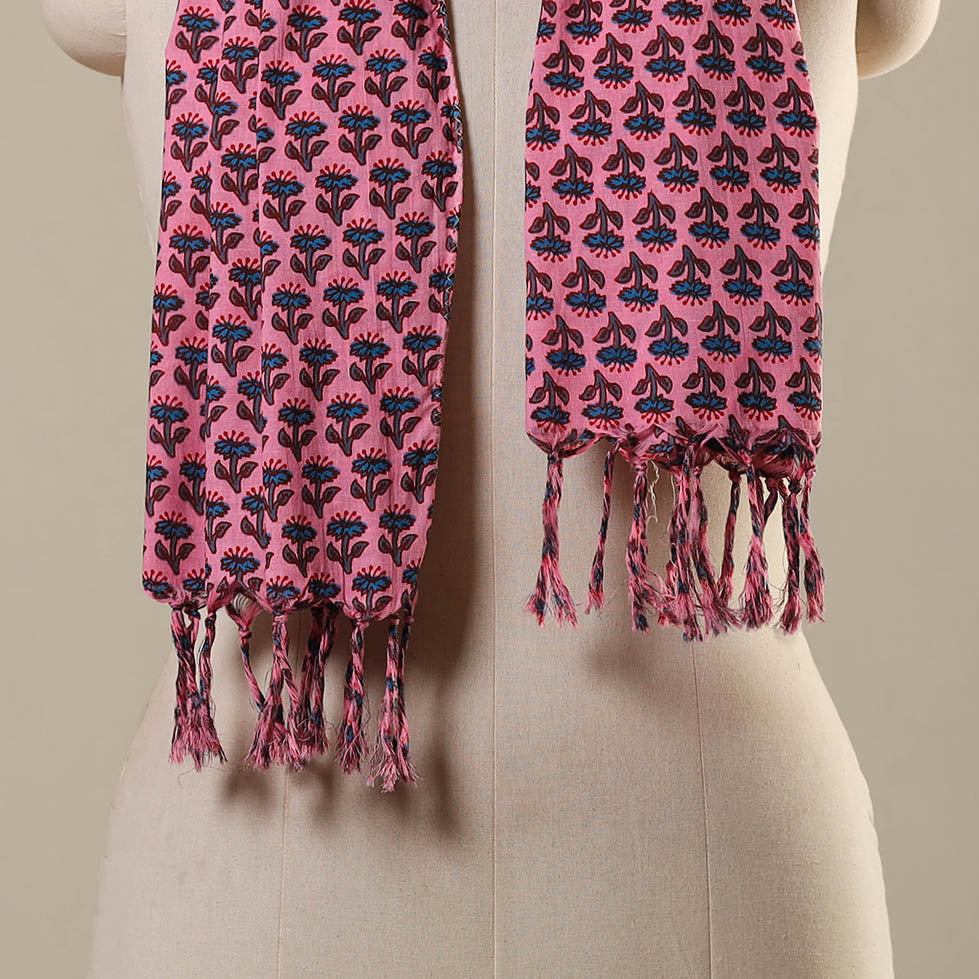 Pink Block Print Cotton Sanganeri Stole with Tassels