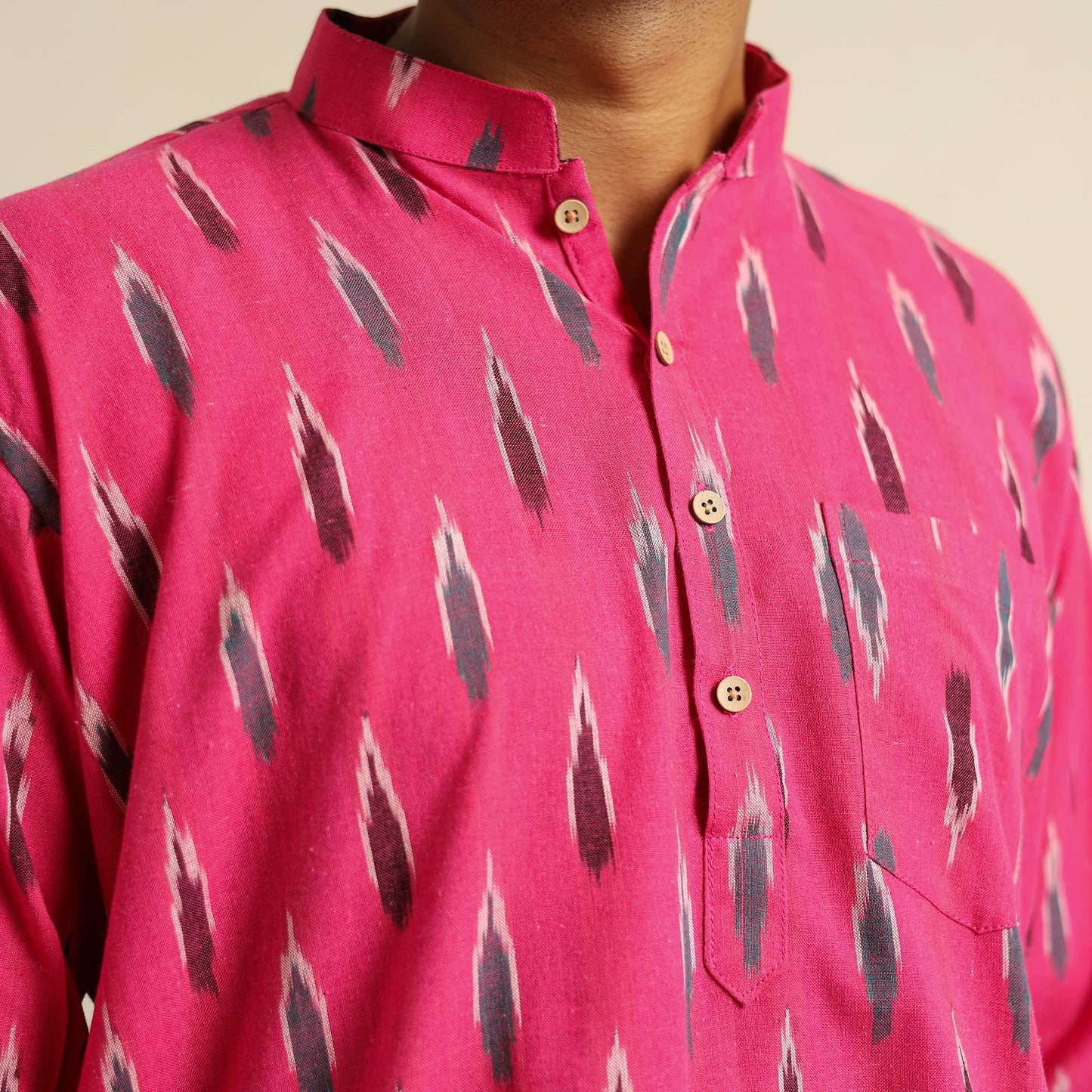 Pink Cotton Short Pochampally Ikat Kurta for Men