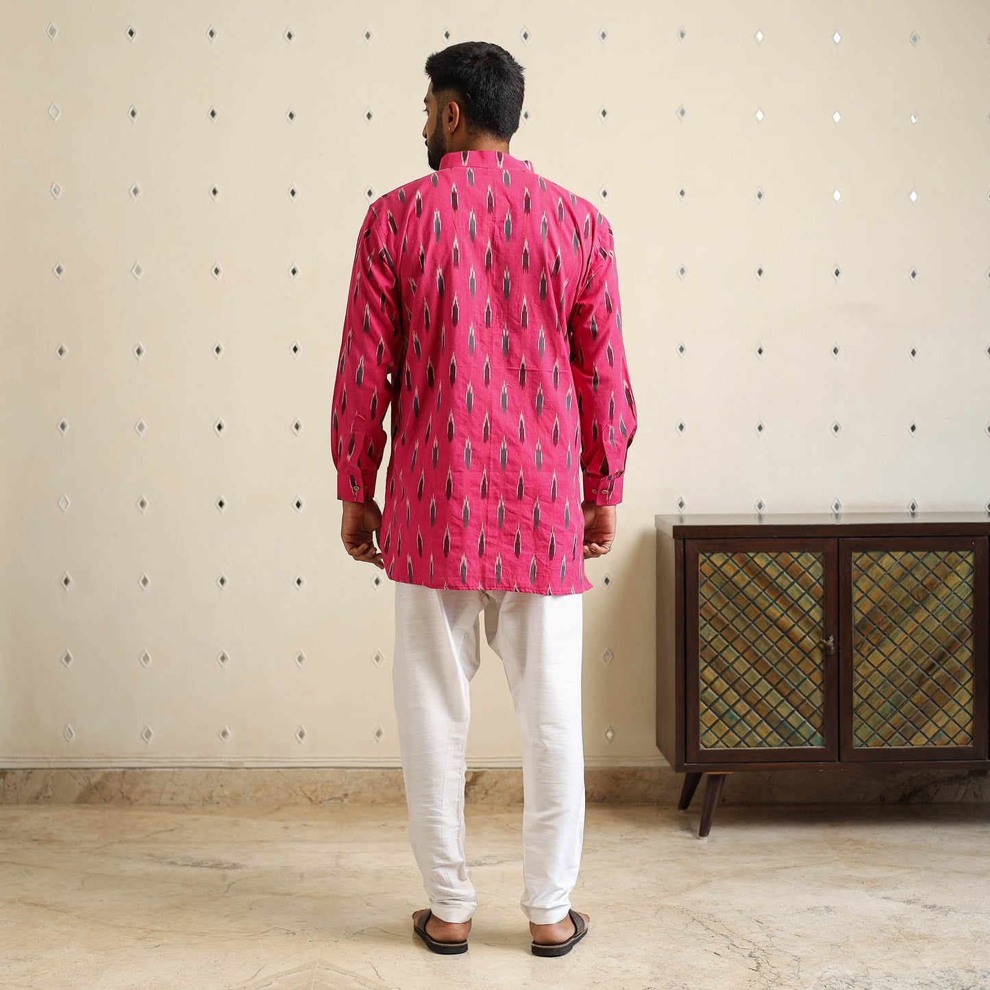 Pink Cotton Short Pochampally Ikat Kurta for Men