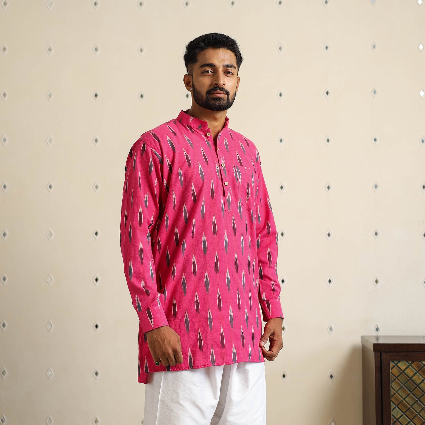Pink Cotton Short Pochampally Ikat Kurta for Men