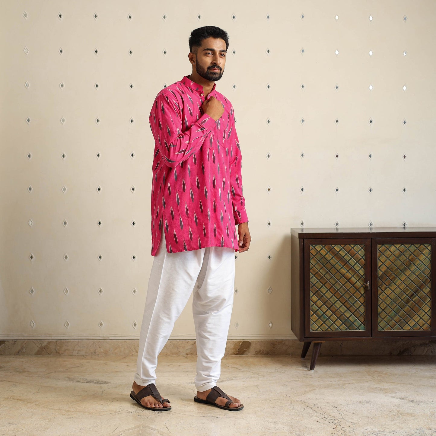 Pink Cotton Short Pochampally Ikat Kurta for Men