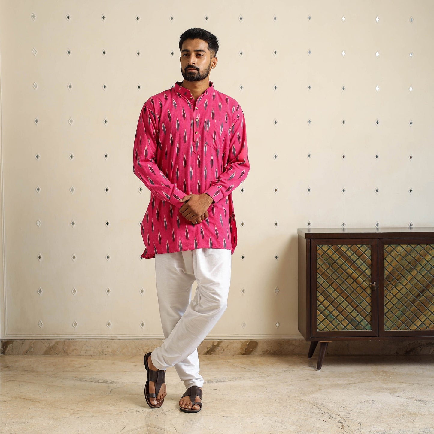 Pink Cotton Short Pochampally Ikat Kurta for Men