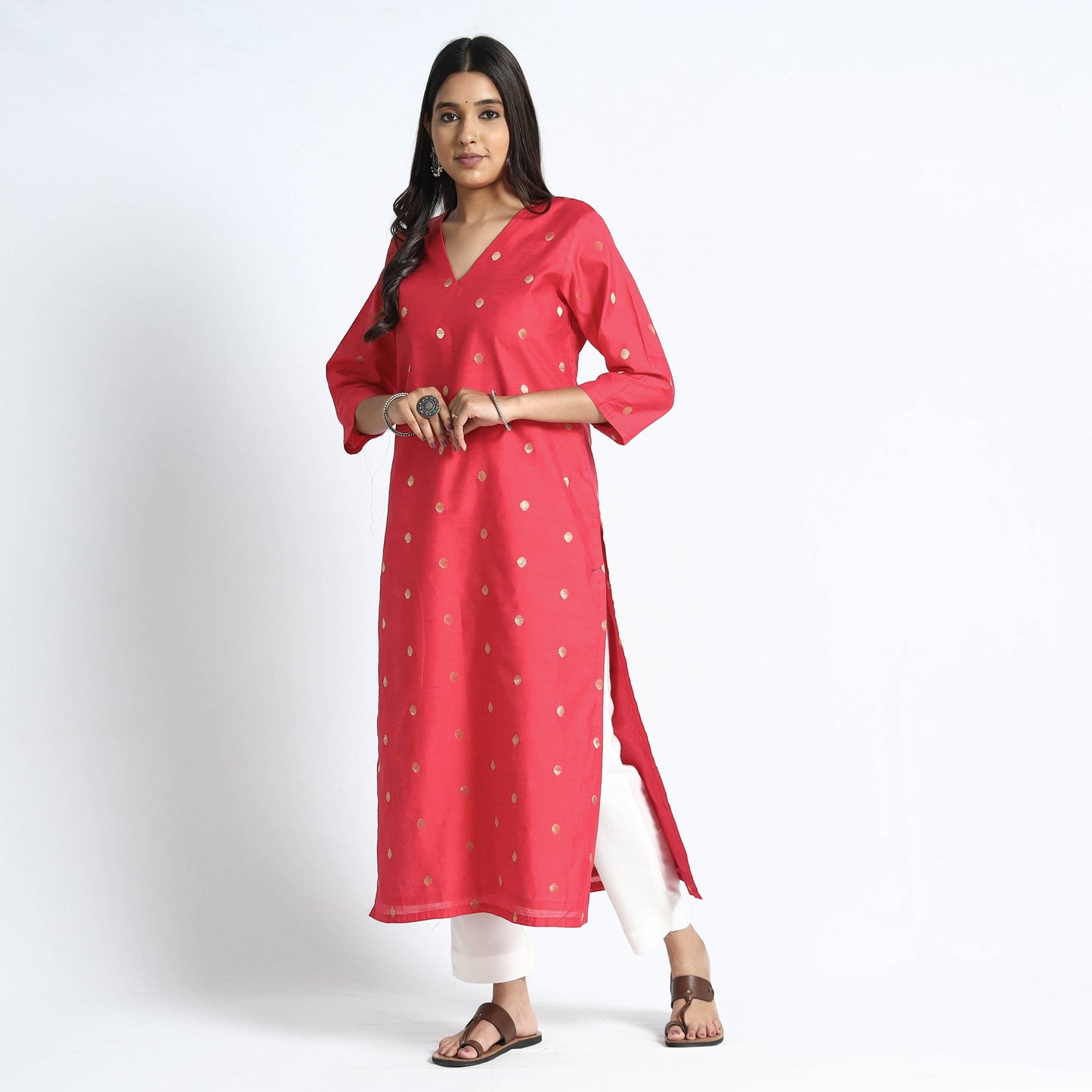 Polka Zari Buti Spun Dupion Silk Long Kurta