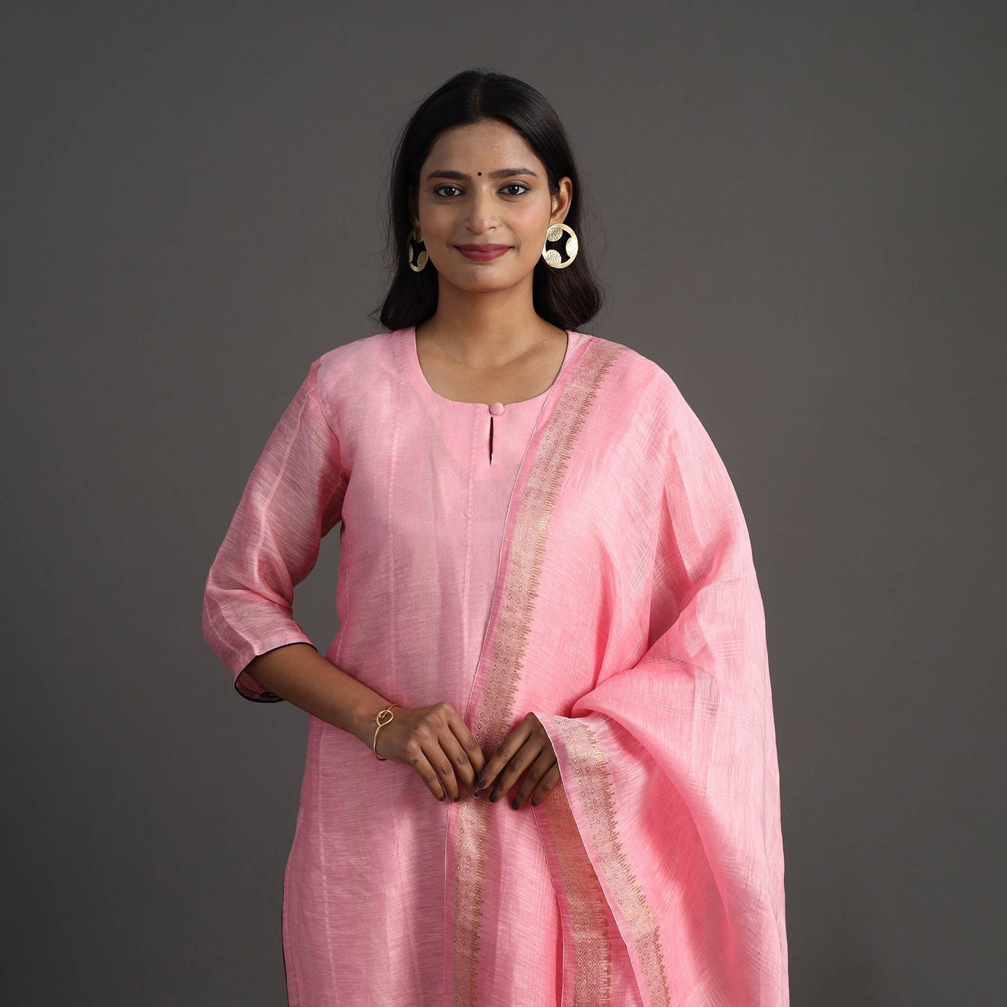 Pink Elegant Linen Silk Handloom Plain Kurta Set