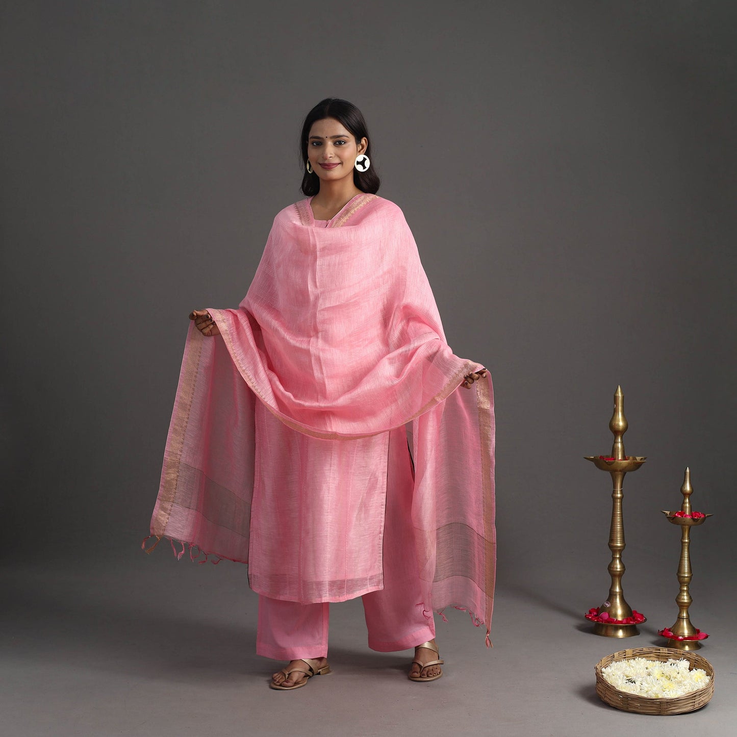 Pink Elegant Linen Silk Handloom Plain Kurta Set