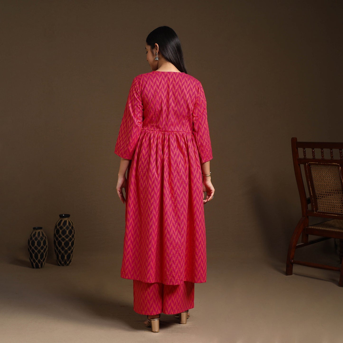 Pink Flared Cotton Jacquard Kurta with Palazzo Set