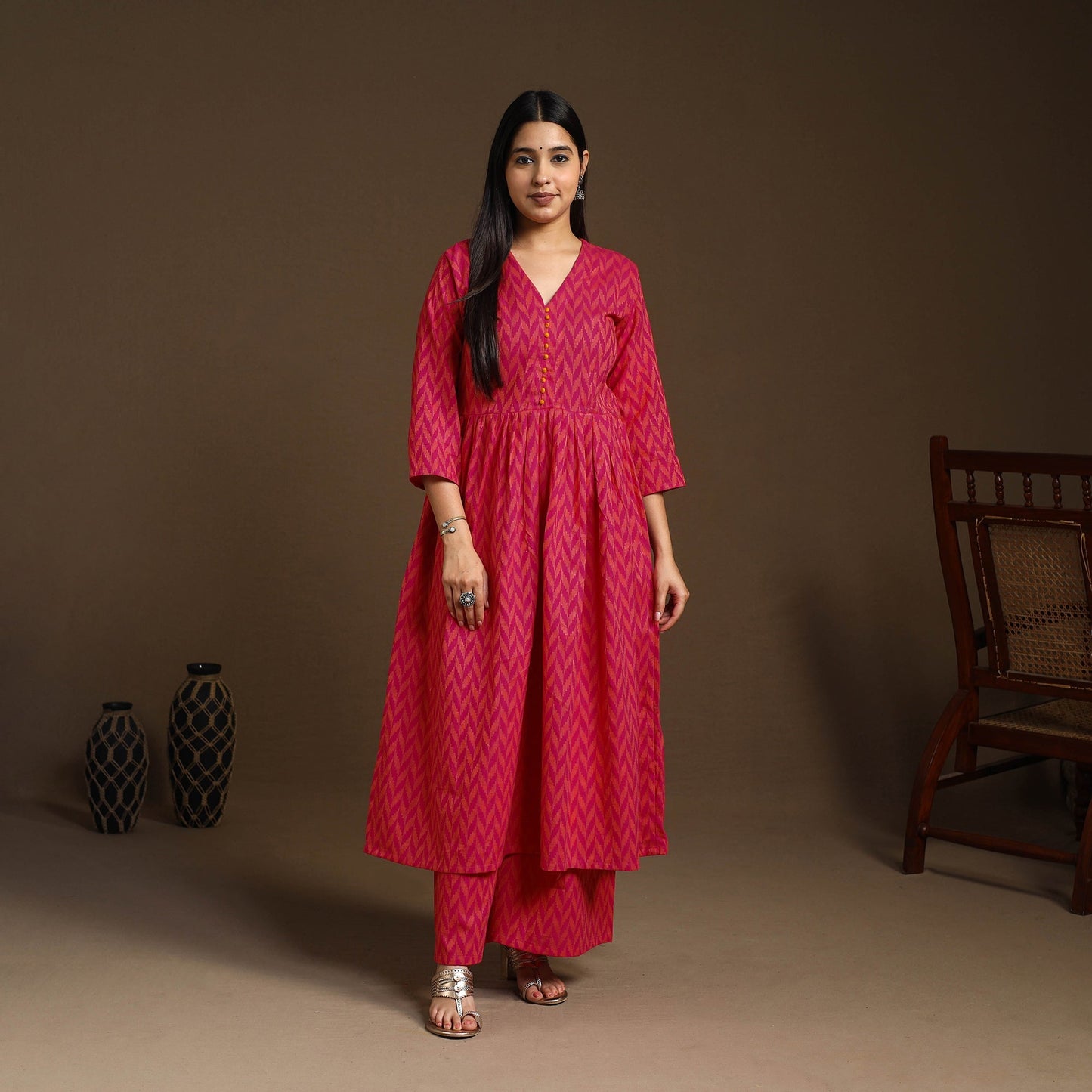 Pink Flared Cotton Jacquard Kurta with Palazzo Set