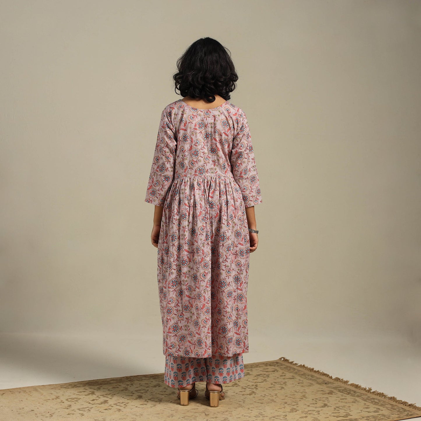 Pink Flared Cotton Jaipur Print Kurta Set (Set of 2)