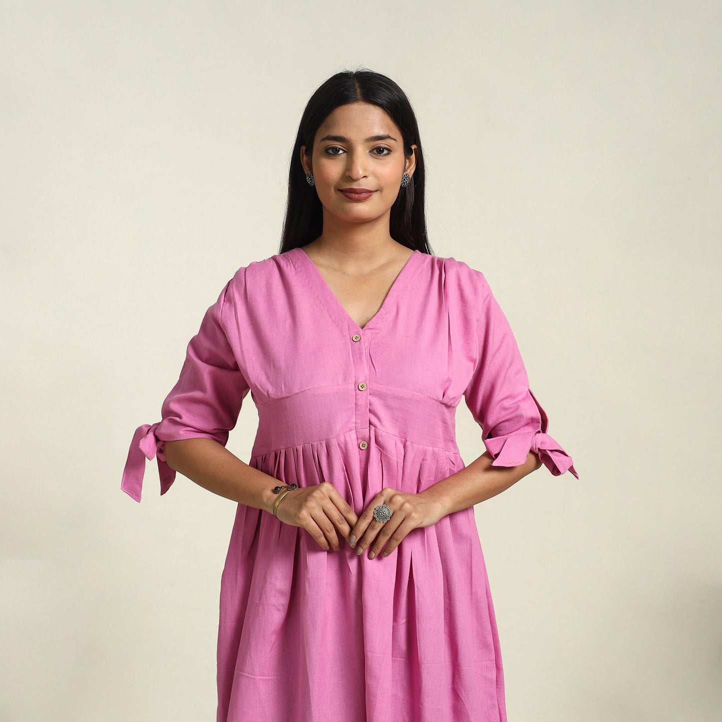 Pink Flex Cotton Button Down Plain Dress