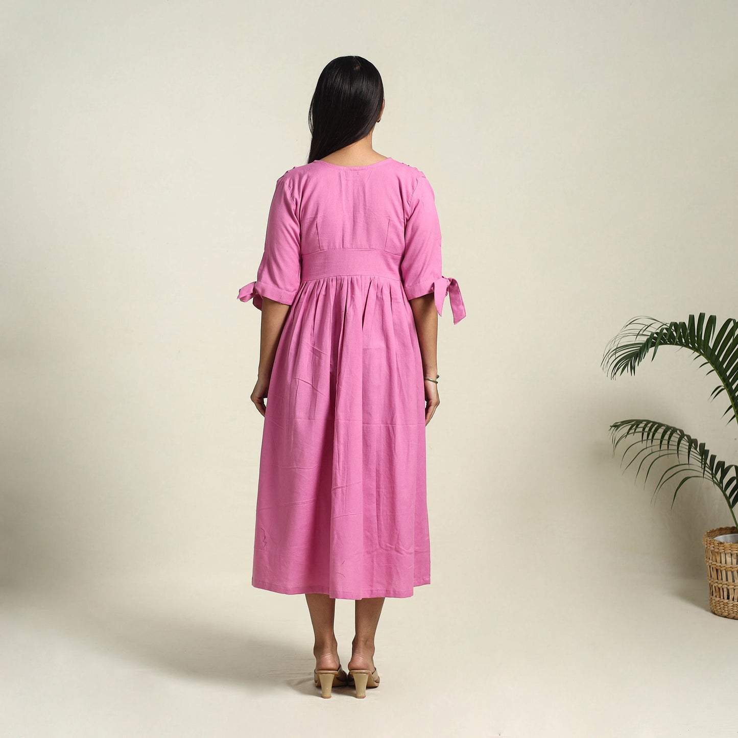 Pink Flex Cotton Button Down Plain Dress