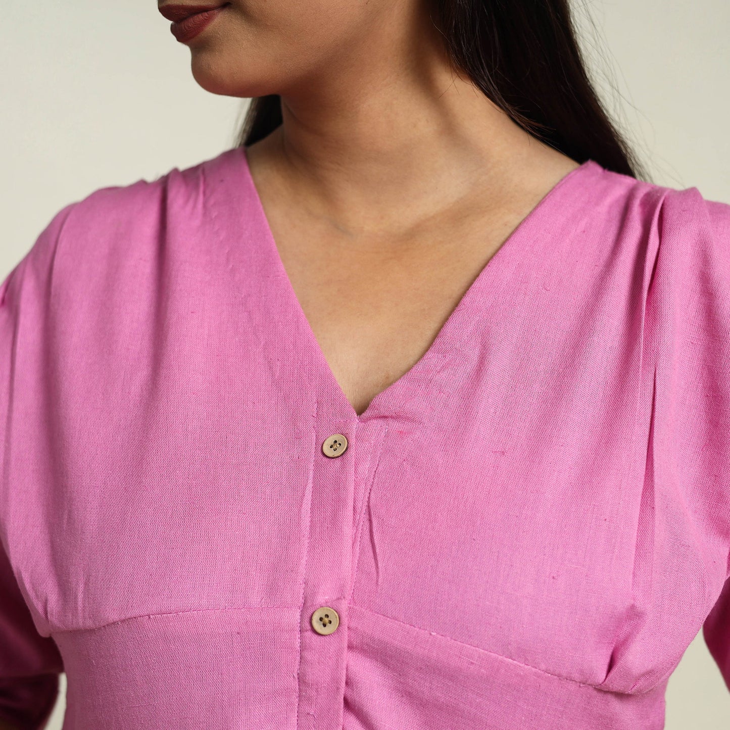 Pink Flex Cotton Button Down Plain Dress