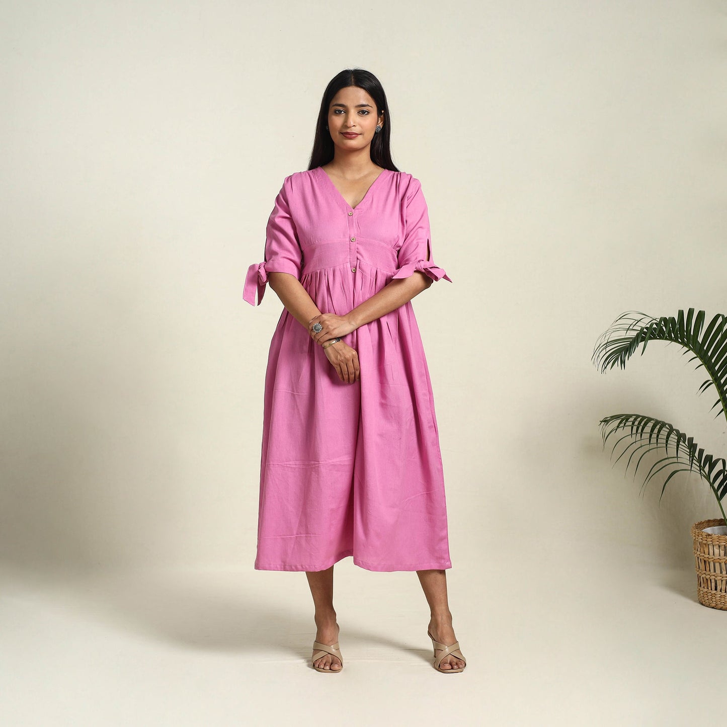 Pink Flex Cotton Button Down Plain Dress