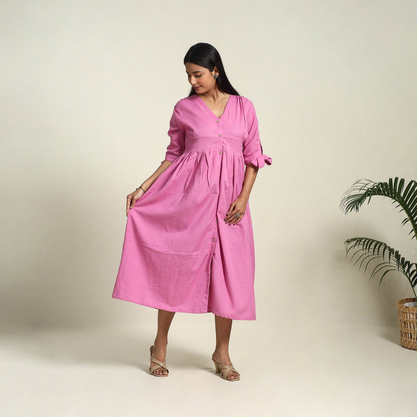 Pink Flex Cotton Button Down Plain Dress