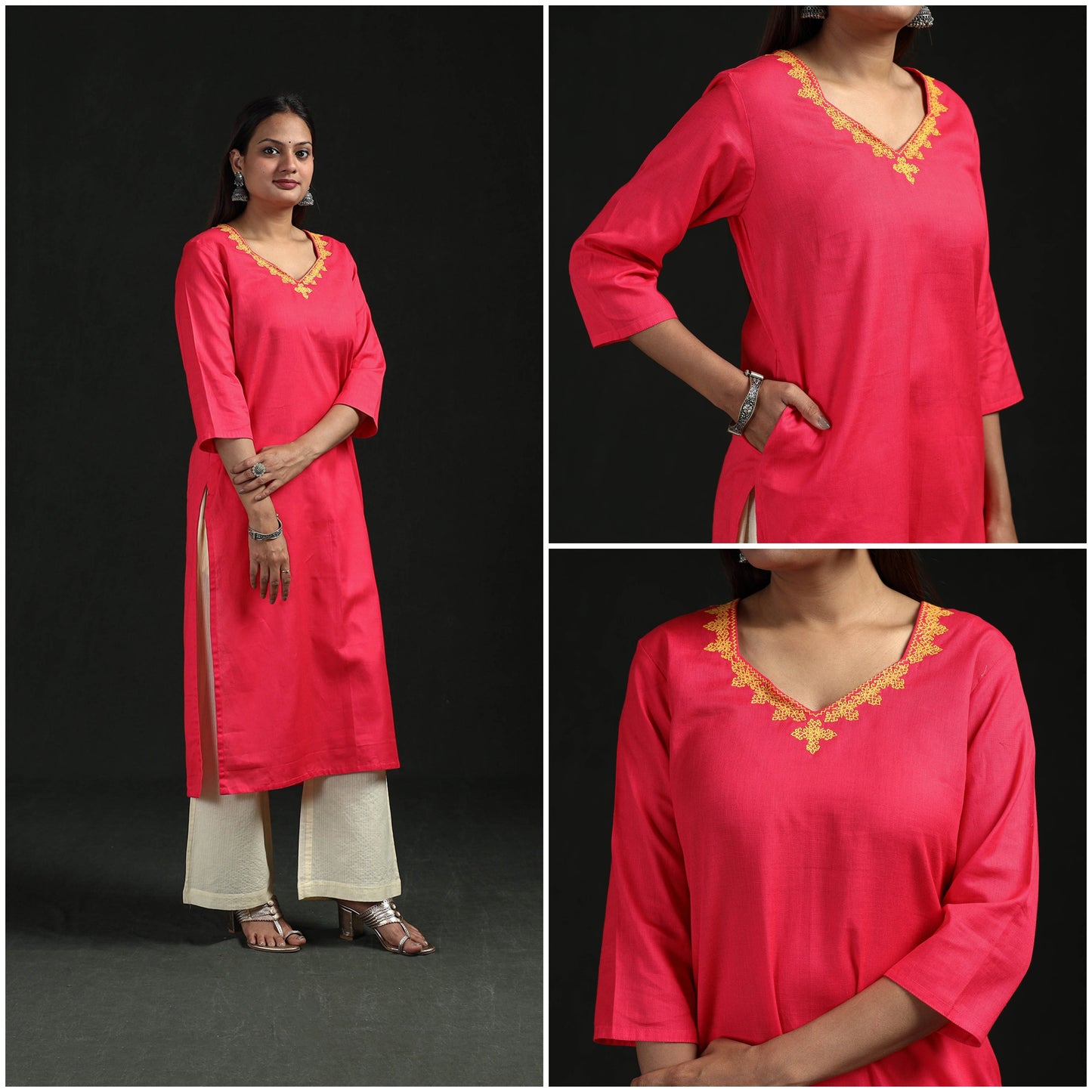 Flex cotton plain hand embroidered straight kurta for women