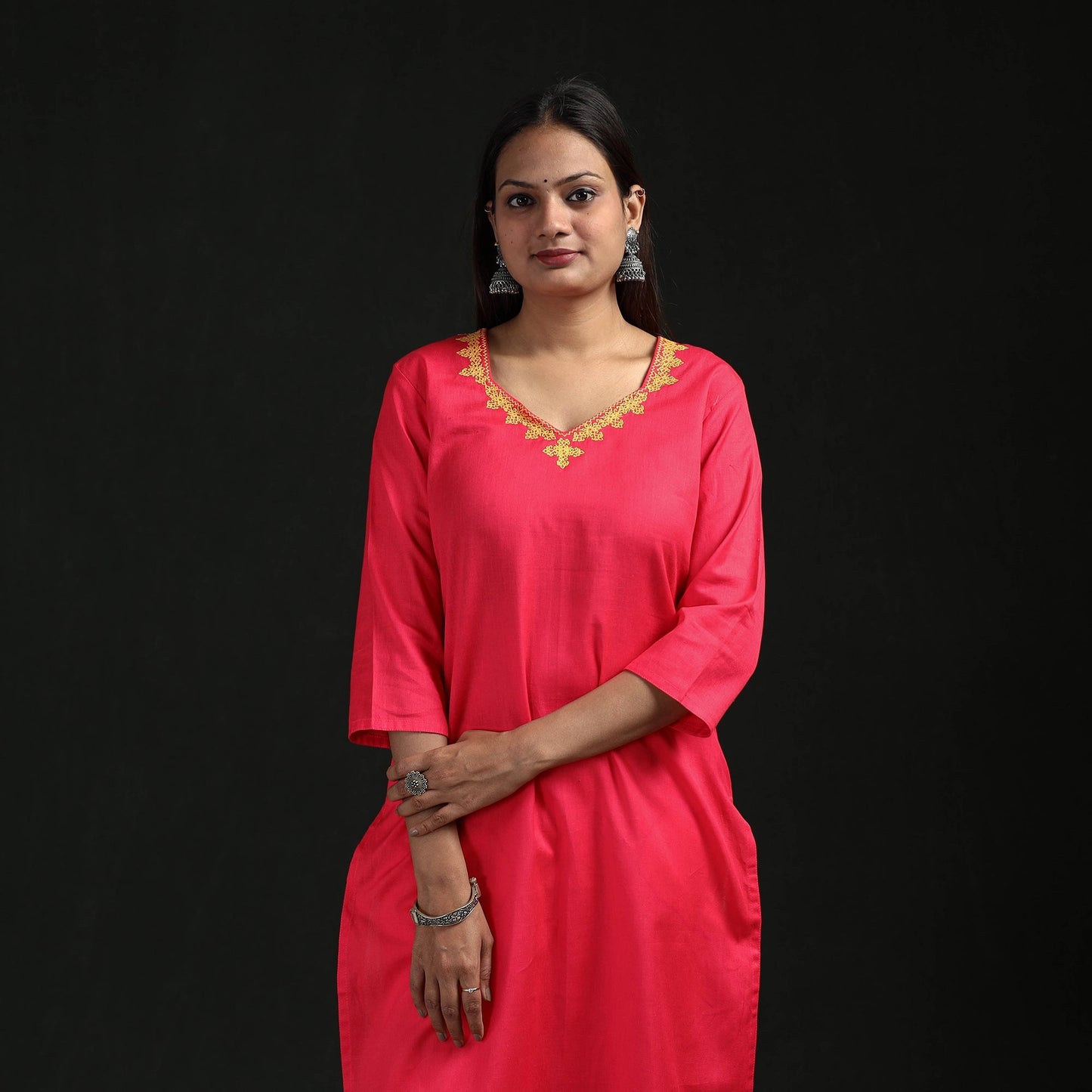 Flex cotton plain hand embroidered straight kurta for women
