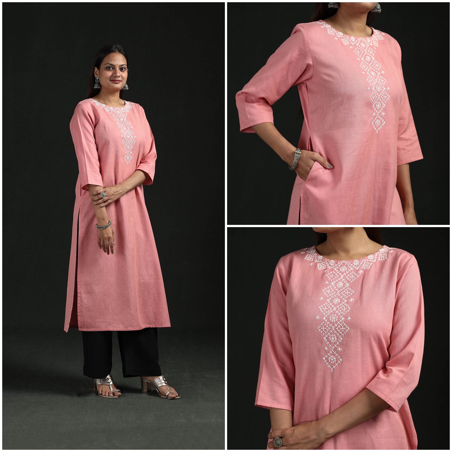 Flex cotton plain hand embroidered straight kurta for women