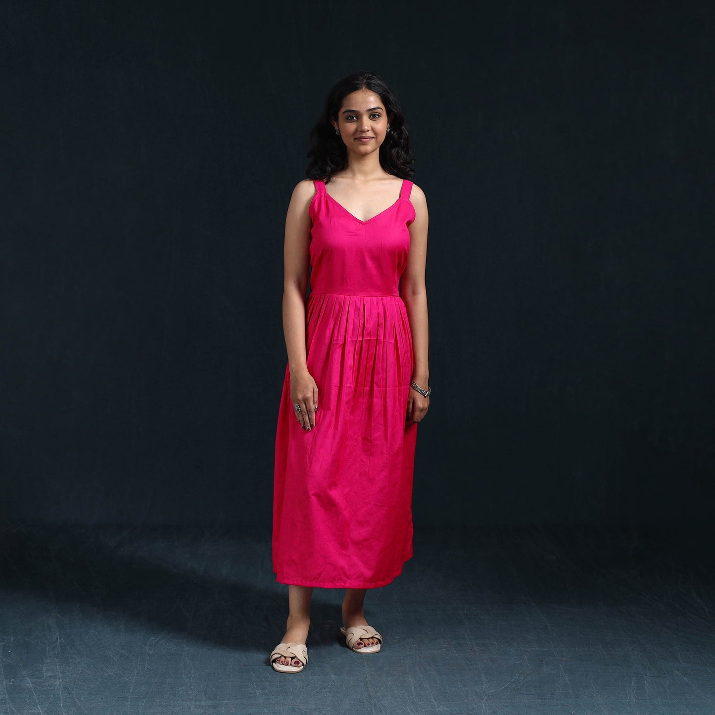 Pink - flex cotton tiered plain dress 04 - handcrafted
