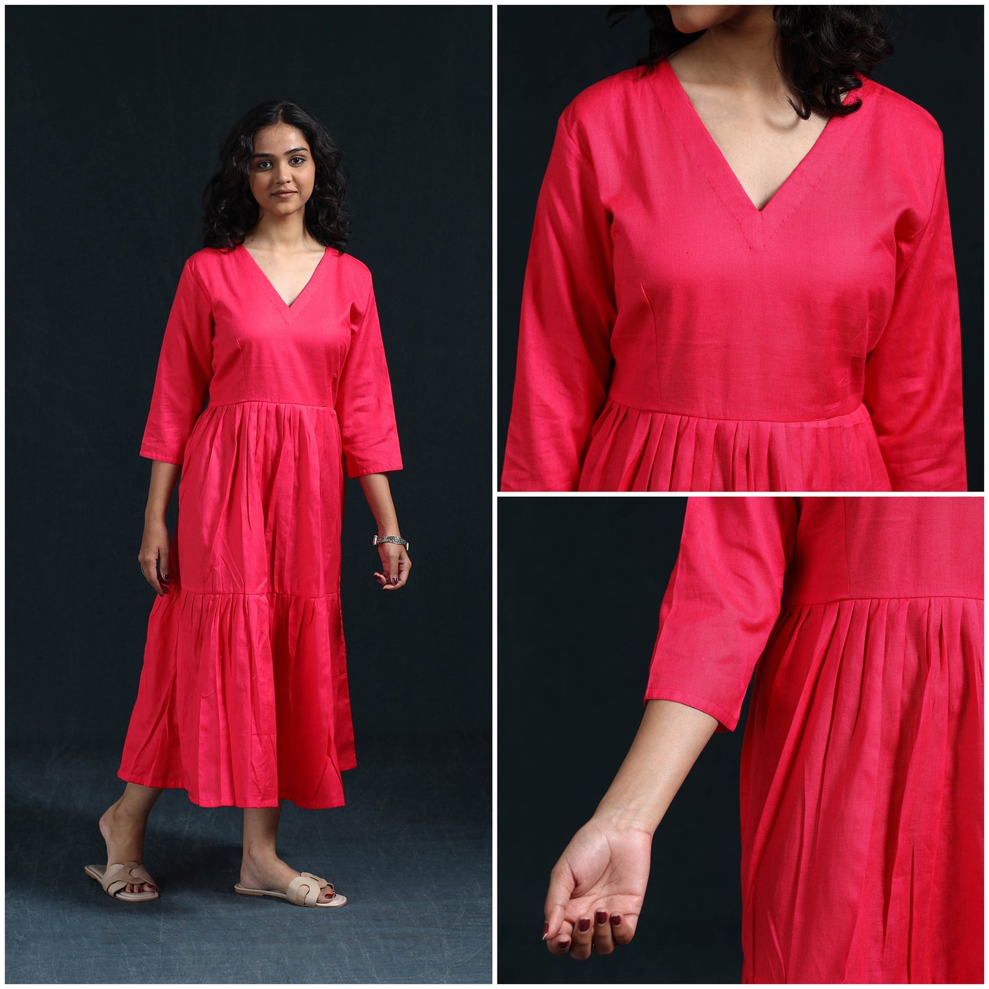 Pink - flex cotton tiered plain dress 09 - handcrafted