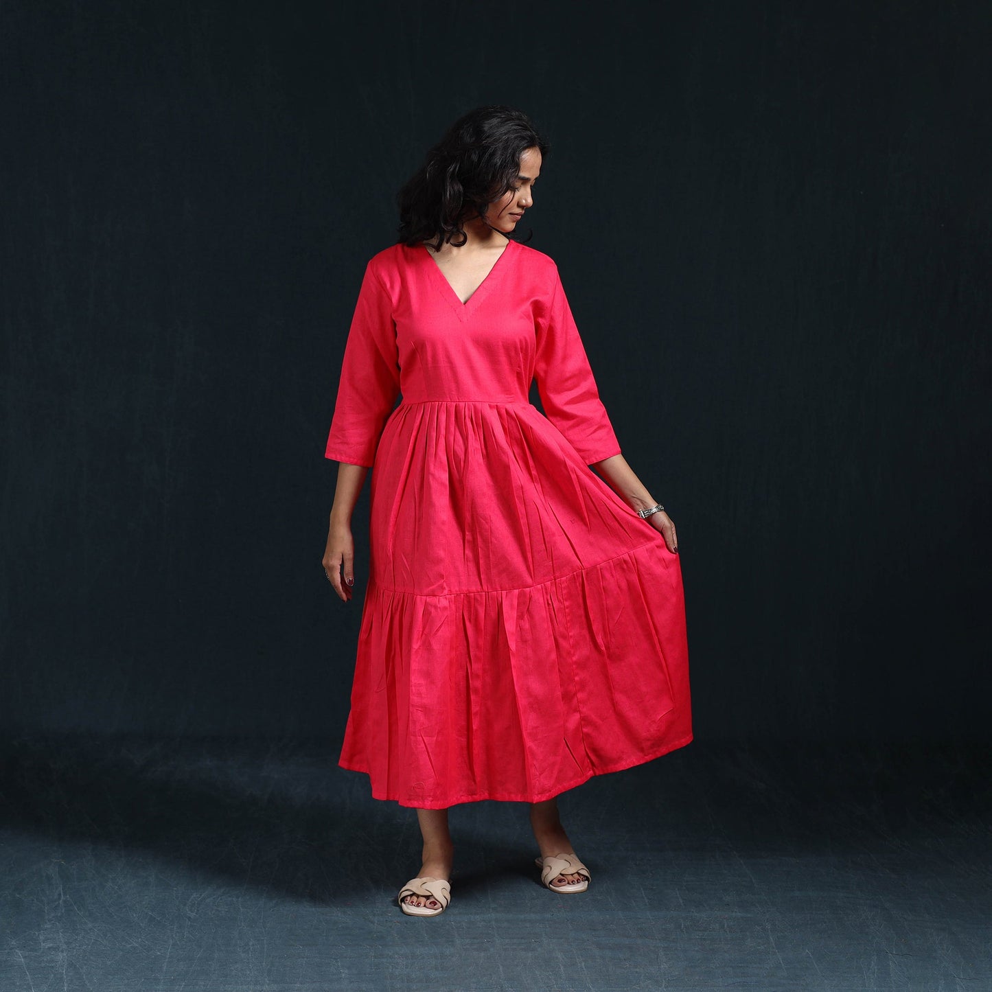 Pink - flex cotton tiered plain dress 09 - handcrafted