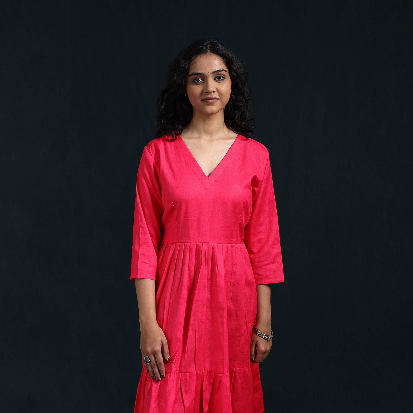 Pink - flex cotton tiered plain dress 09 - handcrafted