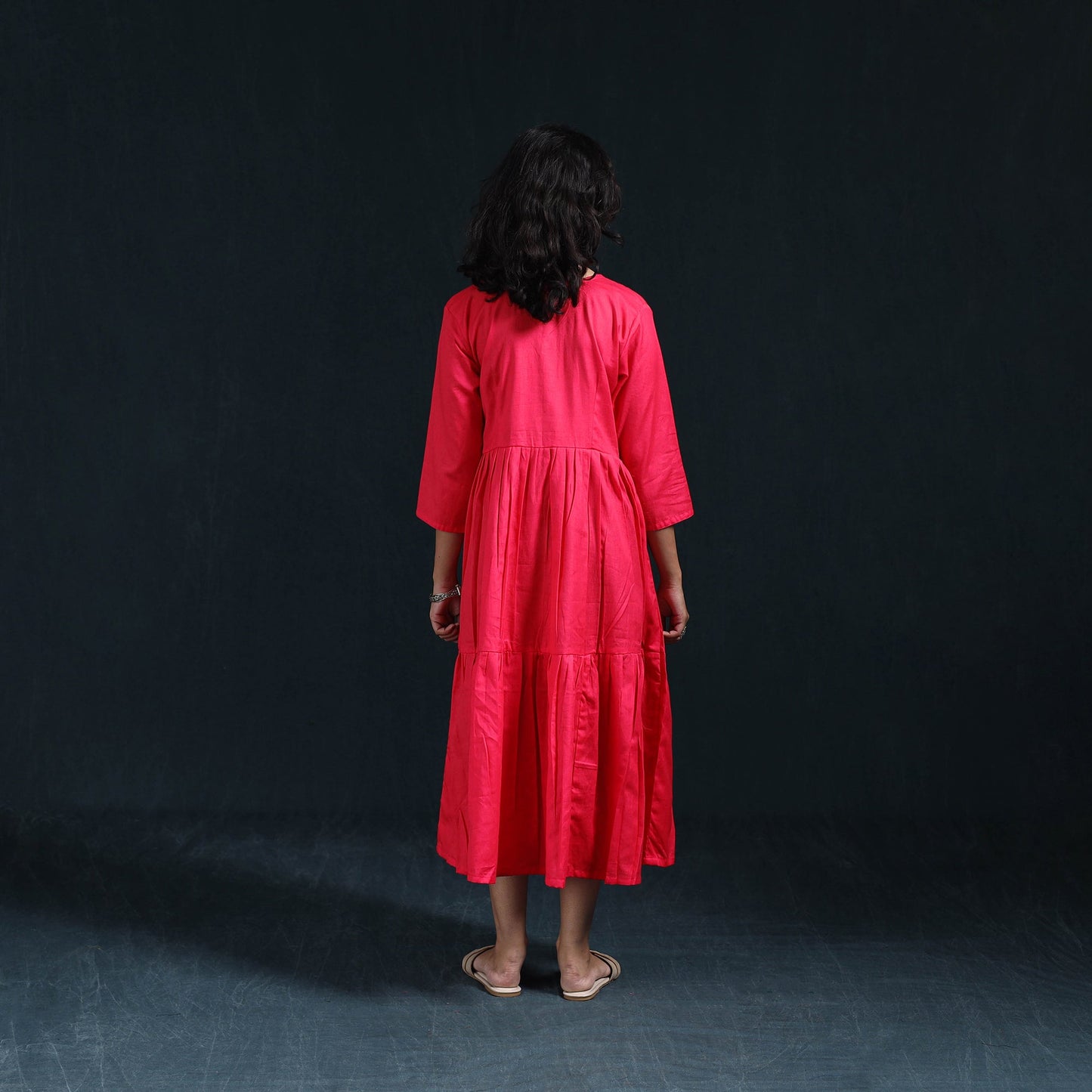 Pink - flex cotton tiered plain dress 09 - handcrafted