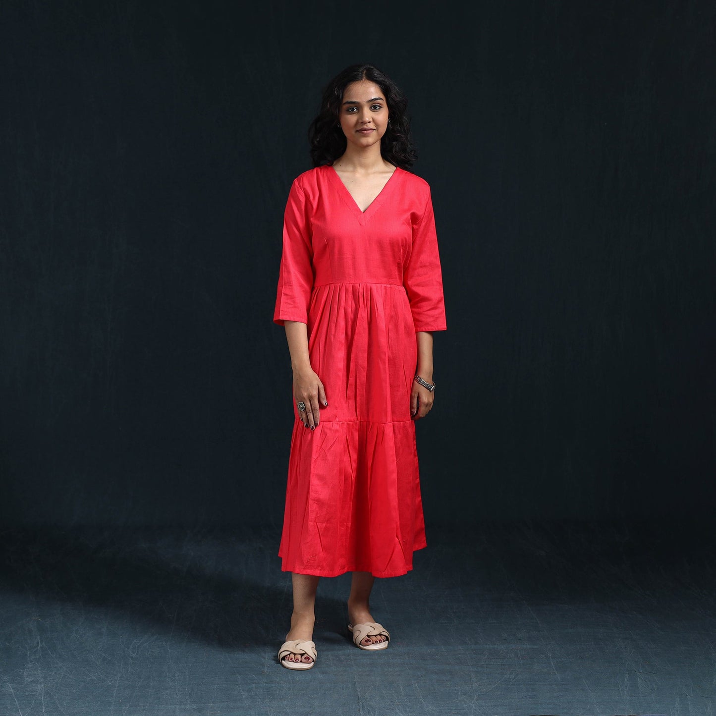 Pink - flex cotton tiered plain dress 09 - handcrafted
