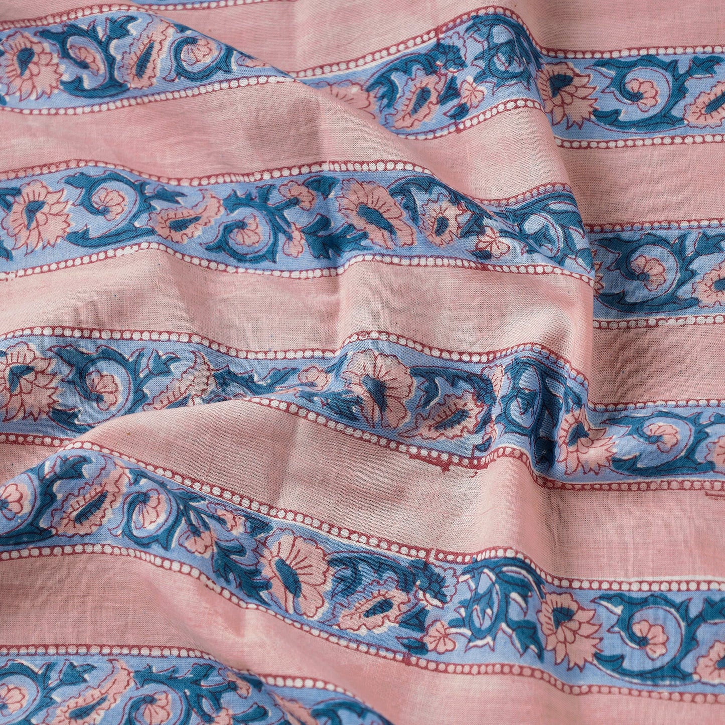 Pink floral border sanganeri block printed cotton fabric