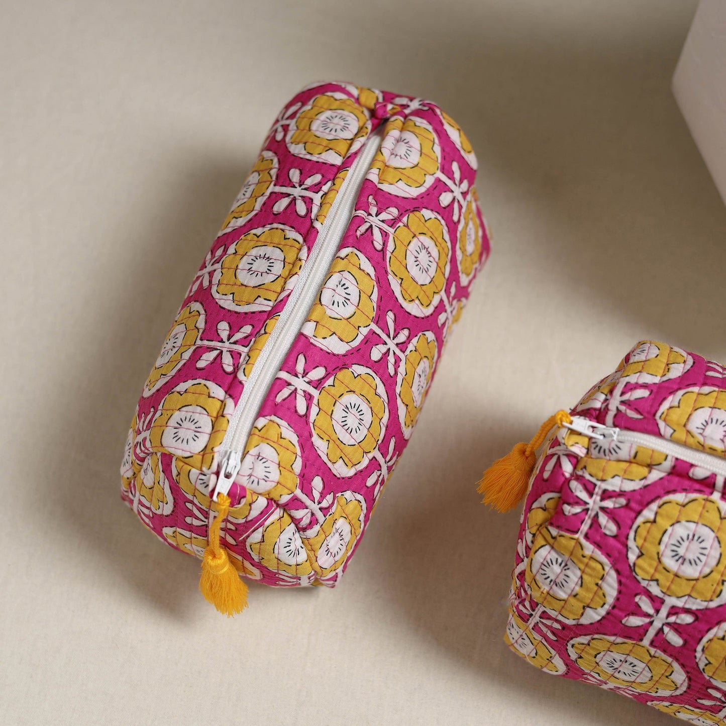 Floral hand block print quilted toiletry bags (set of 3) 06