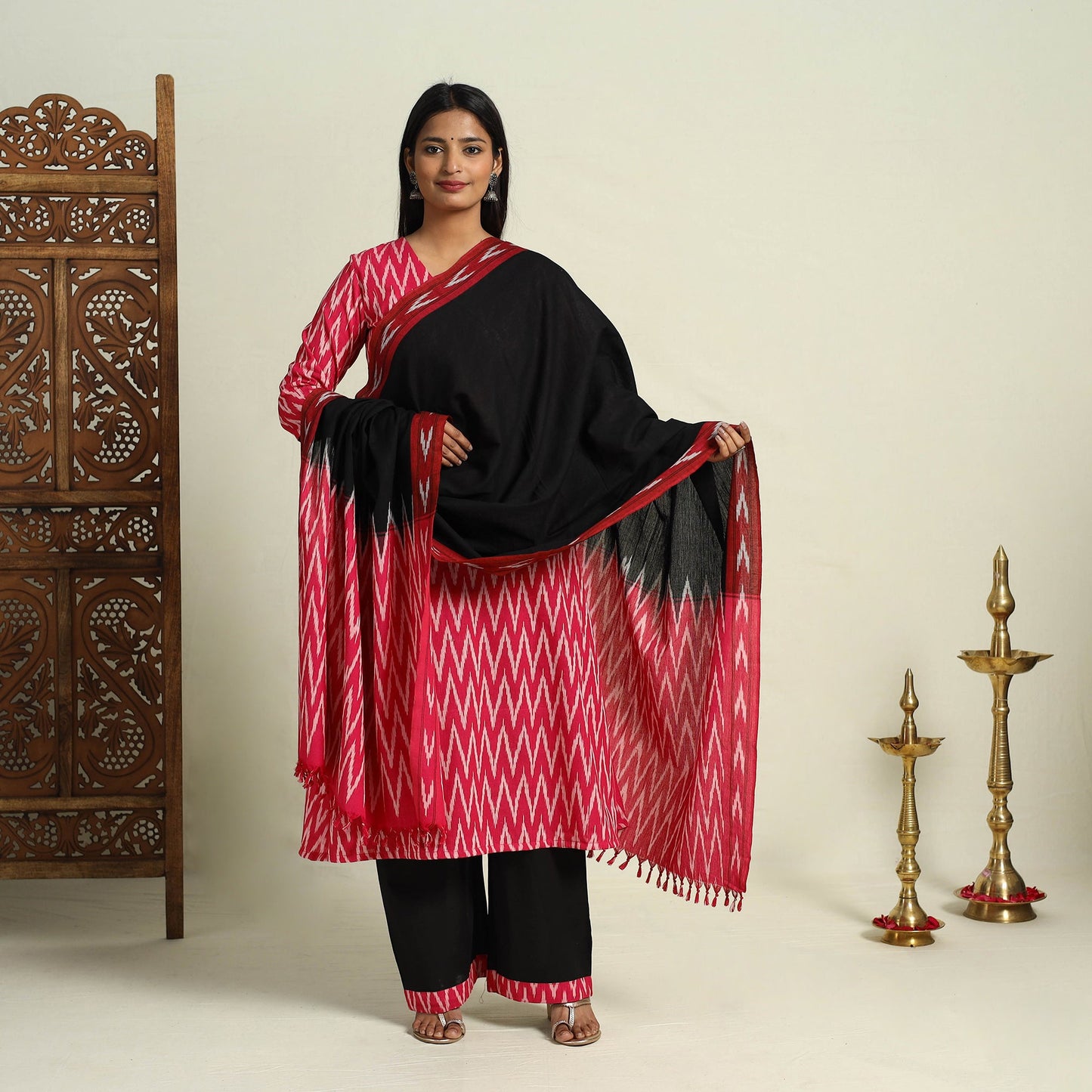 Buy Pink Frock Style Cotton Pochampally Ikat Kurta Set
