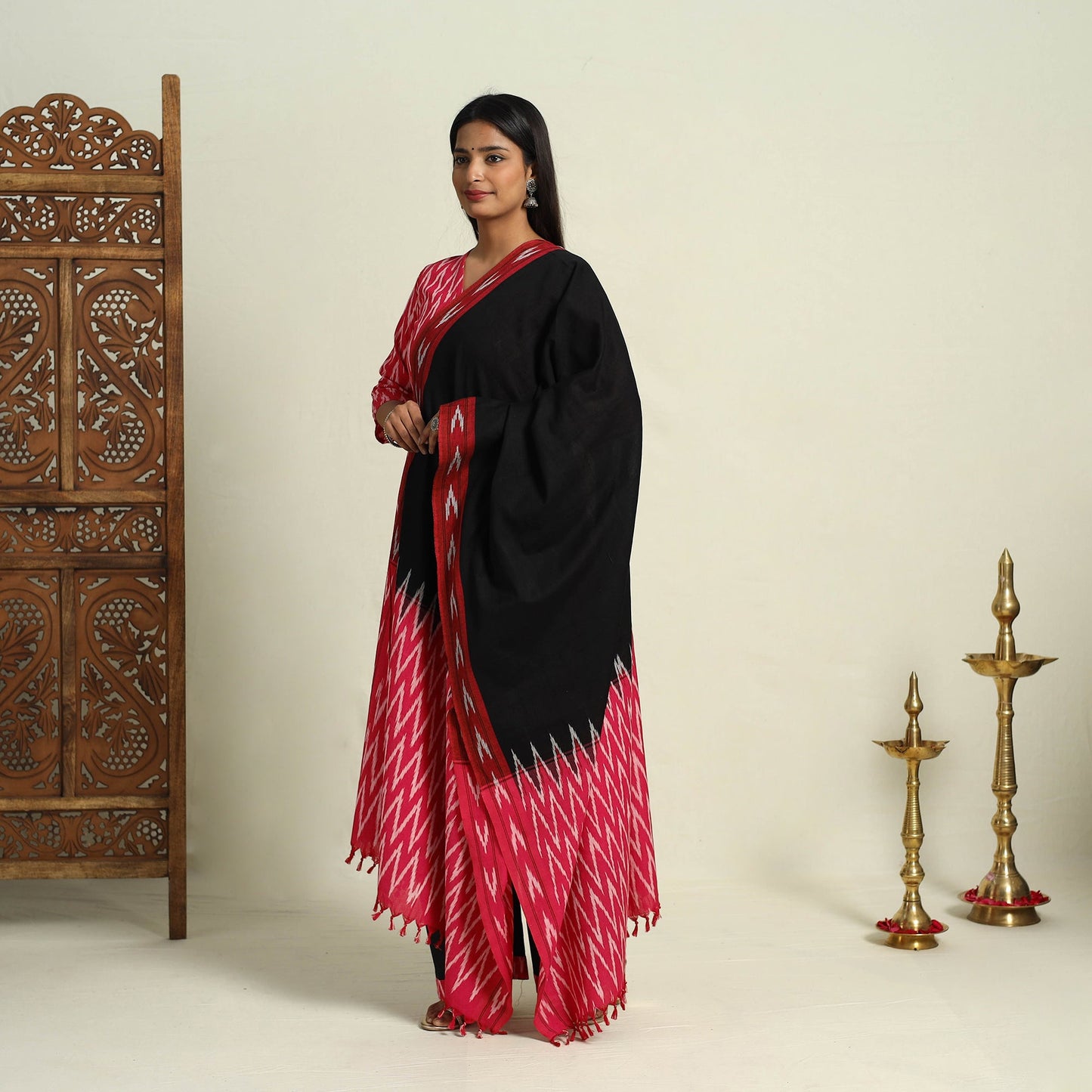 Buy Pink Frock Style Cotton Pochampally Ikat Kurta Set