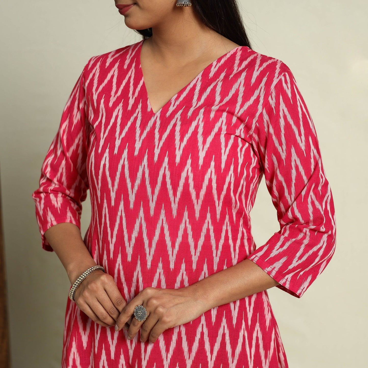 Buy Pink Frock Style Cotton Pochampally Ikat Kurta Set