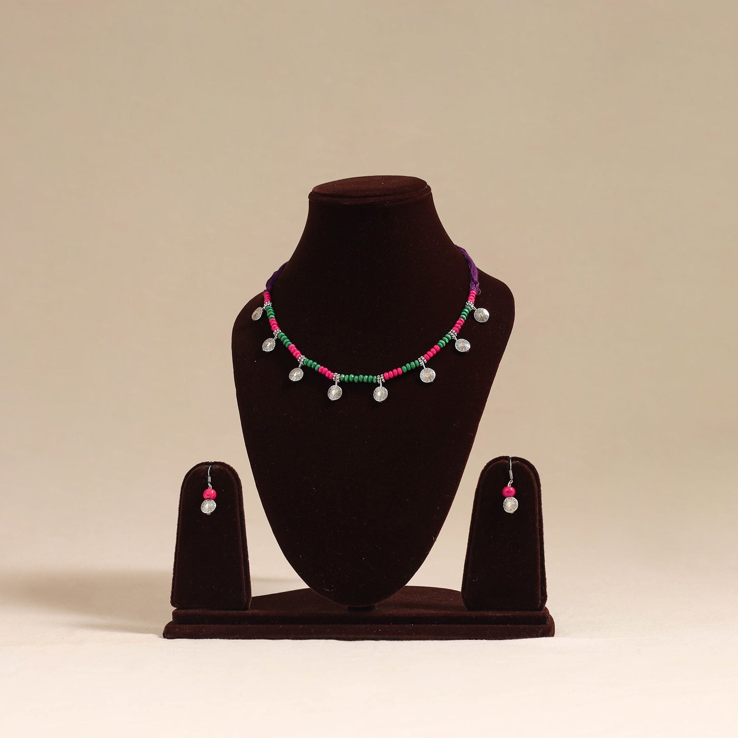 Pink - german silver wooden beads necklace set 05