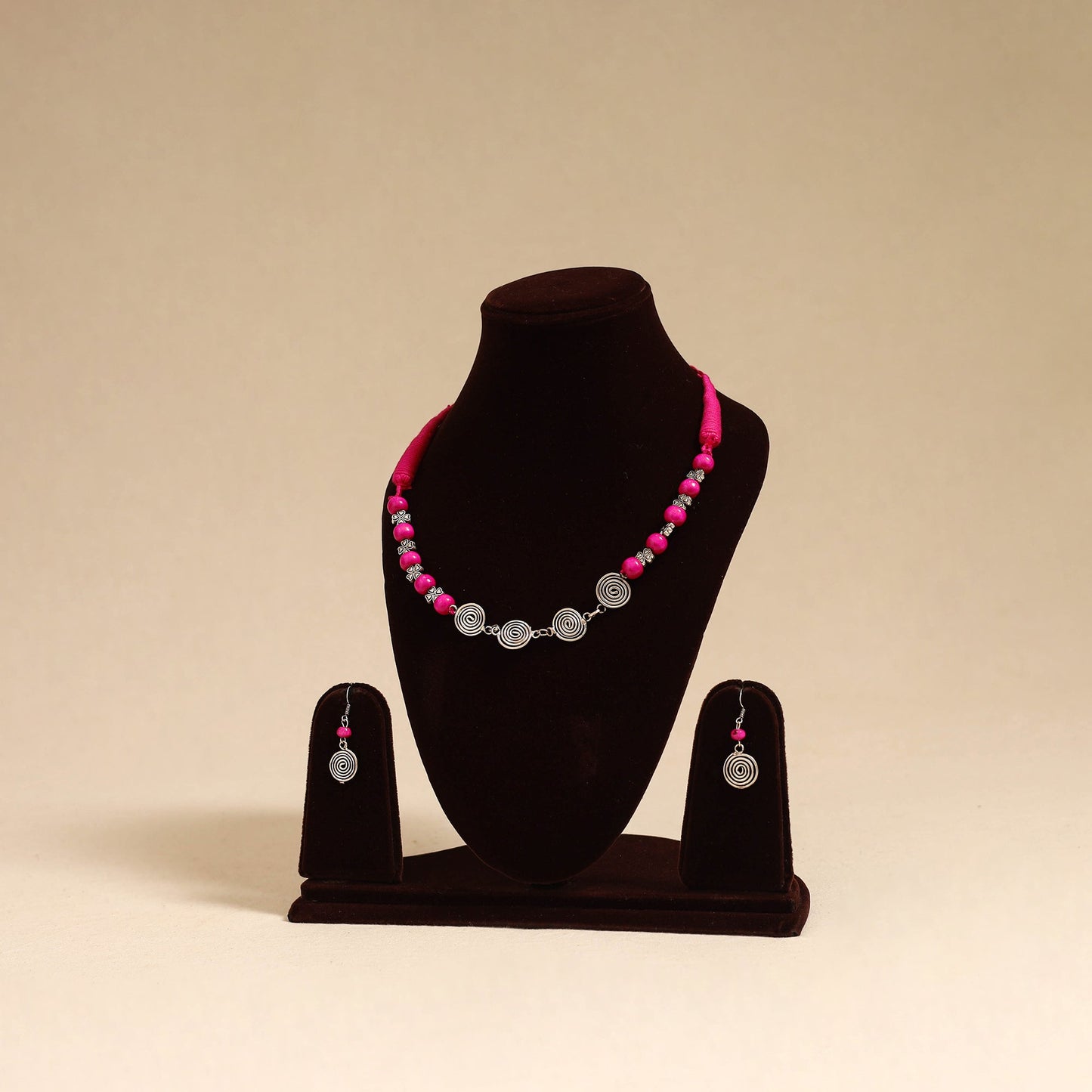 Pink - german silver wooden beads necklace set 16