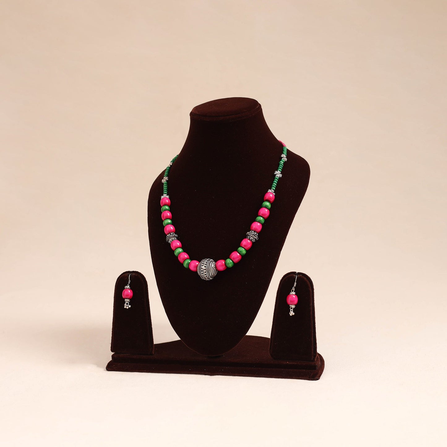Pink - german silver wooden beads necklace set 82