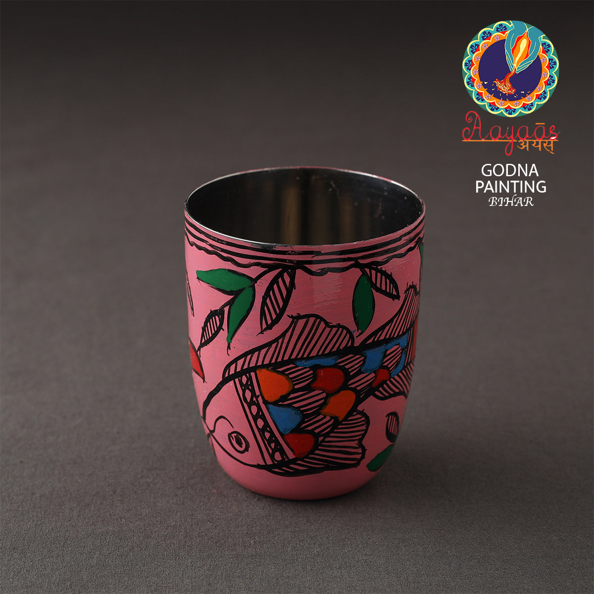 Godna Madhubani Pink Handpainted Stainless Steel Glass