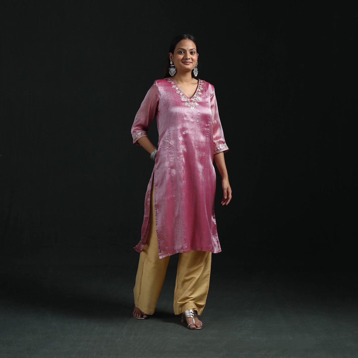 Gota work fine tissue zari straight plain kurta for women