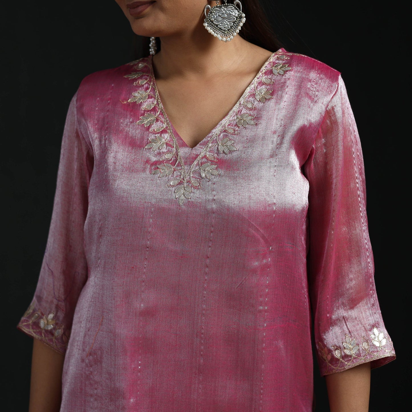 Gota work fine tissue zari straight plain kurta for women