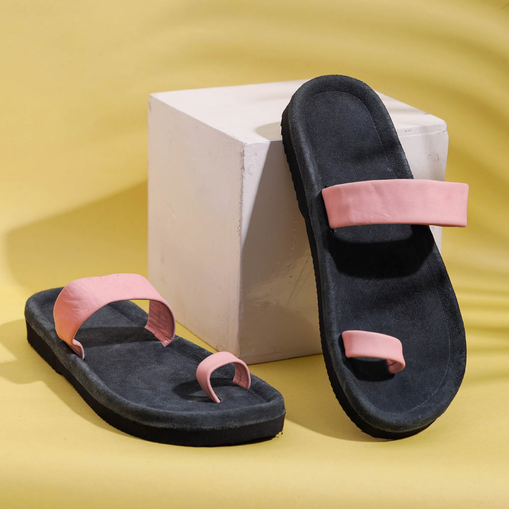 Toe Ring Handcrafted Women's Leather Slippers with Suede