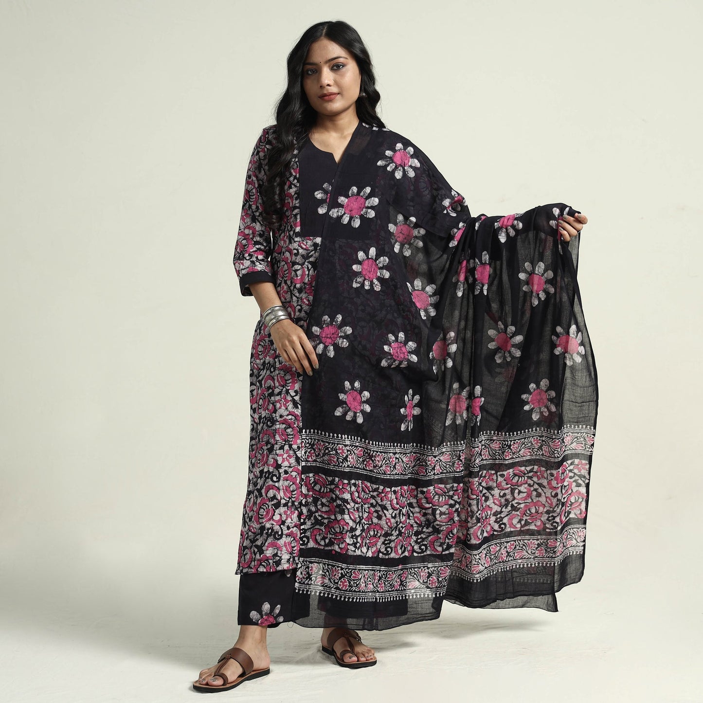Hand batik printed cotton kurta with palazzo & dupatta set