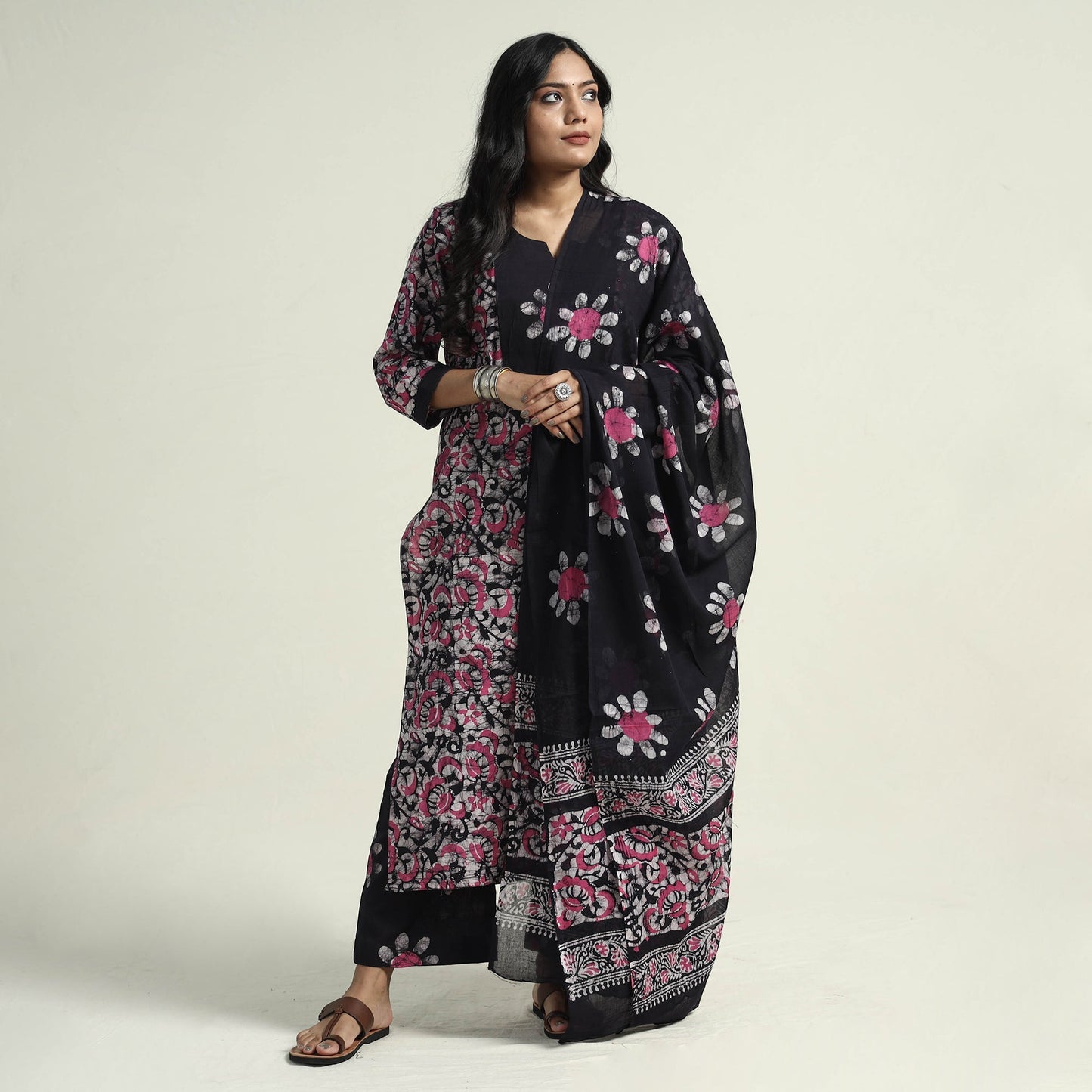 Hand batik printed cotton kurta with palazzo & dupatta set