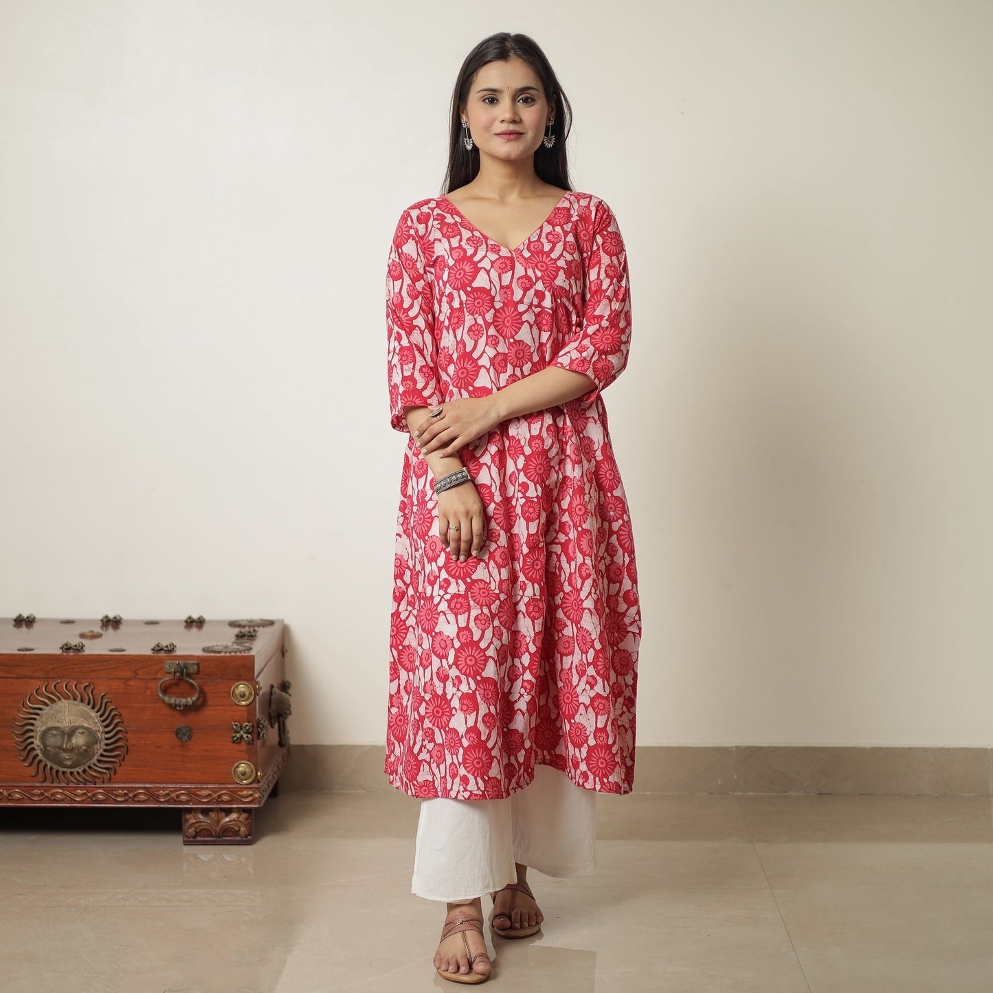 Hand Batik Printed Cotton A-Line Kurta for Women