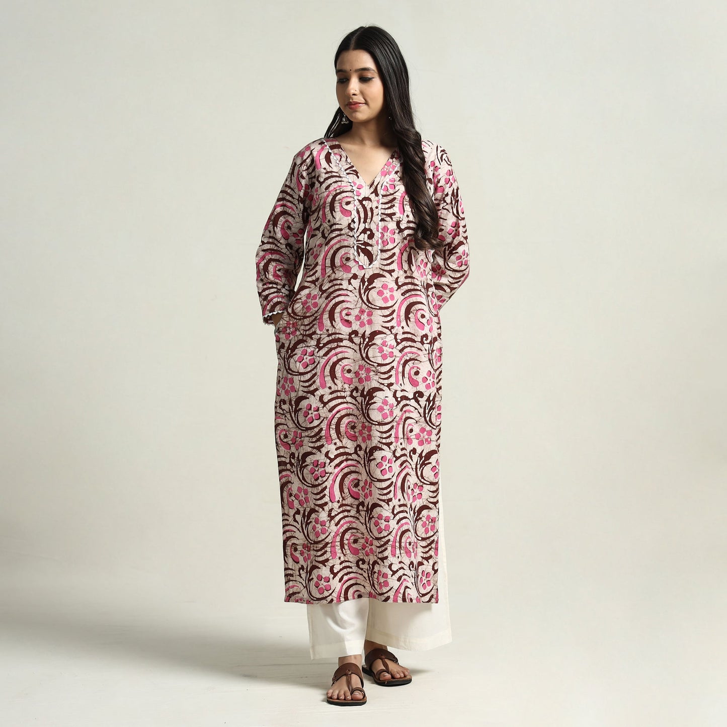 Hand Batik Print Cotton Straight Kurta with Lace Work for Women