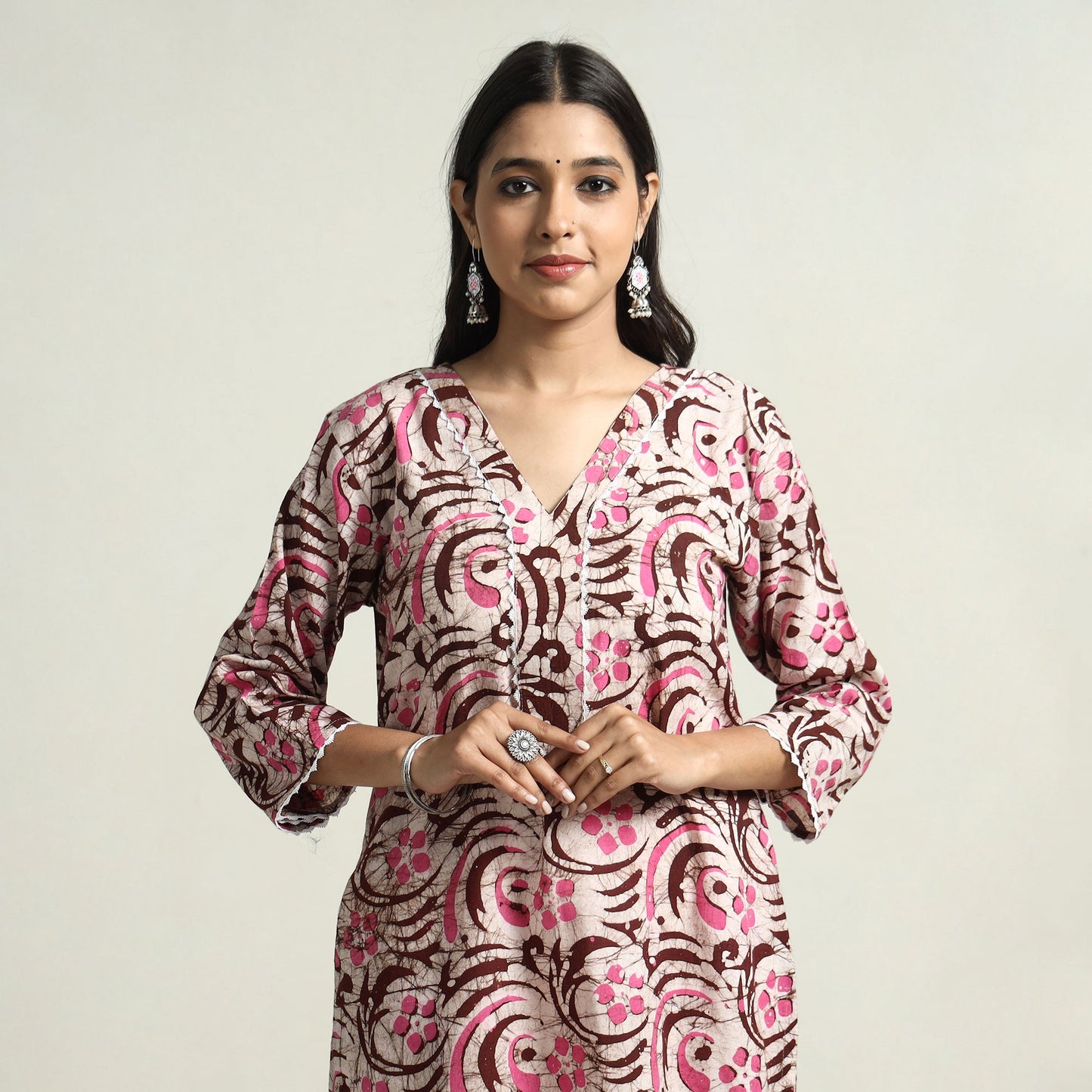 Hand Batik Print Cotton Straight Kurta with Lace Work for Women