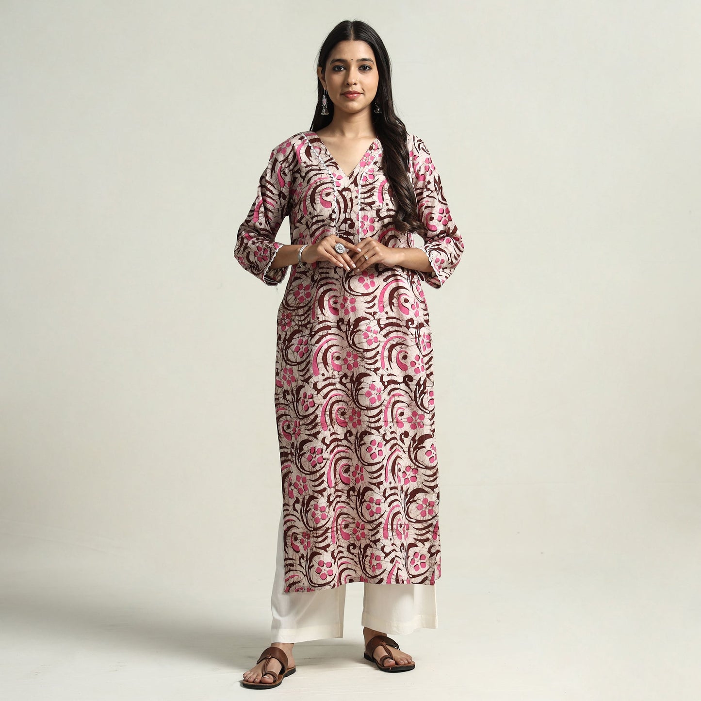 Hand Batik Print Cotton Straight Kurta with Lace Work for Women